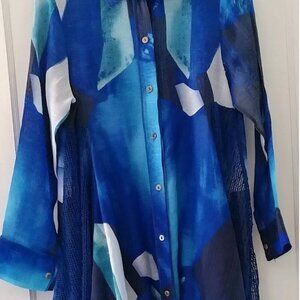 Feratelli Oversized Boho Gawzy Artsy Lace Beachy Coastal Spring blue Top Tunic M